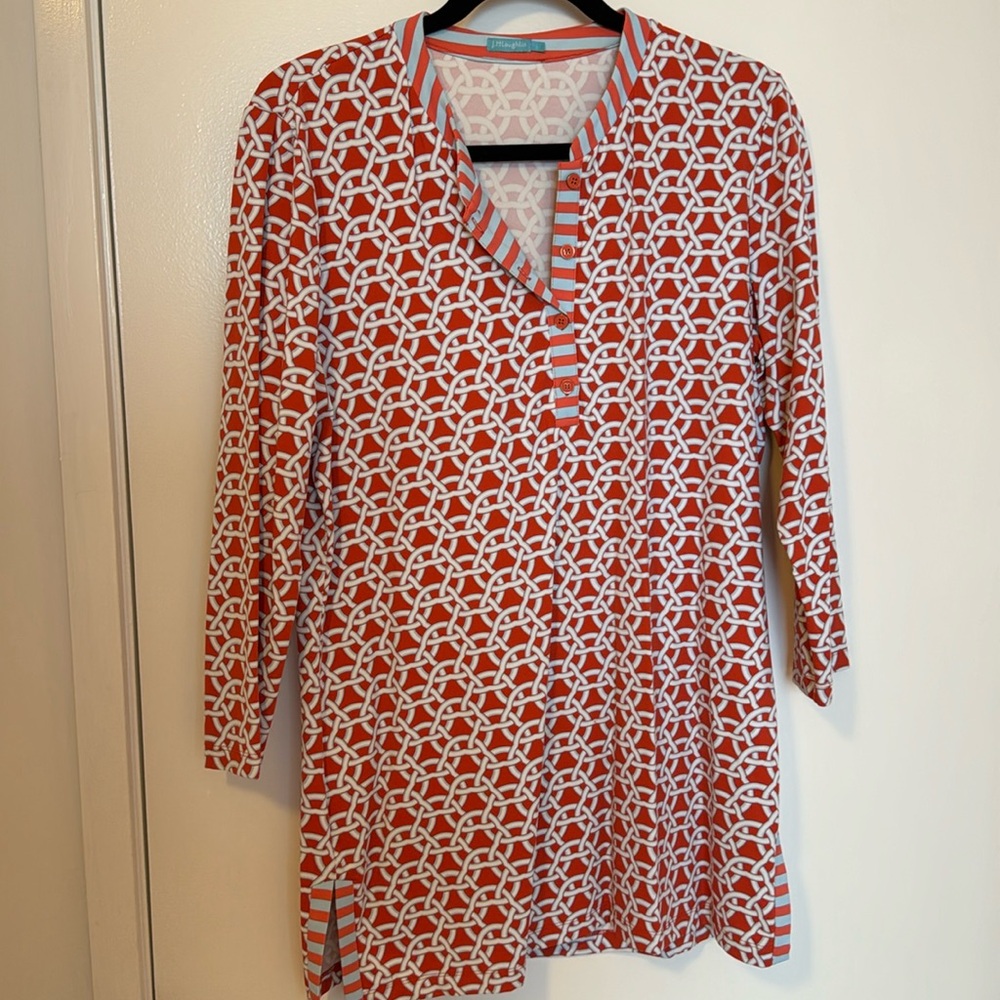 J McLaughlin tunic orange blue and white